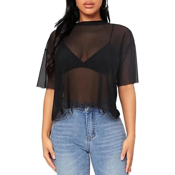 Women’s Mesh Crop Top Short Sleeve Crewneck Sheer Loose Fit Casual Shirt - Picture 4 of 6